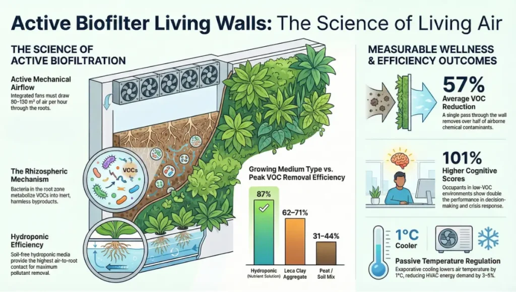 Active Biofilter Living Walls: The Science of Living Air THE SCIENCE OF ACTIVE BIOFILTRATION Active Mechanical Airflow Integrated fans must draw 80-130 m' of air per hour through the roots.