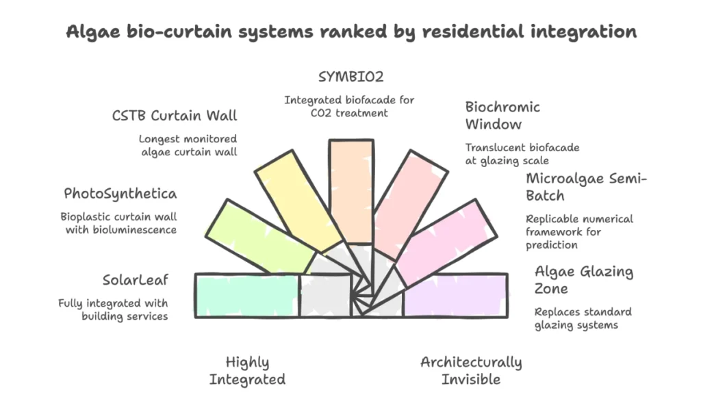 Algae bio-curtain systems ranked by residential integration