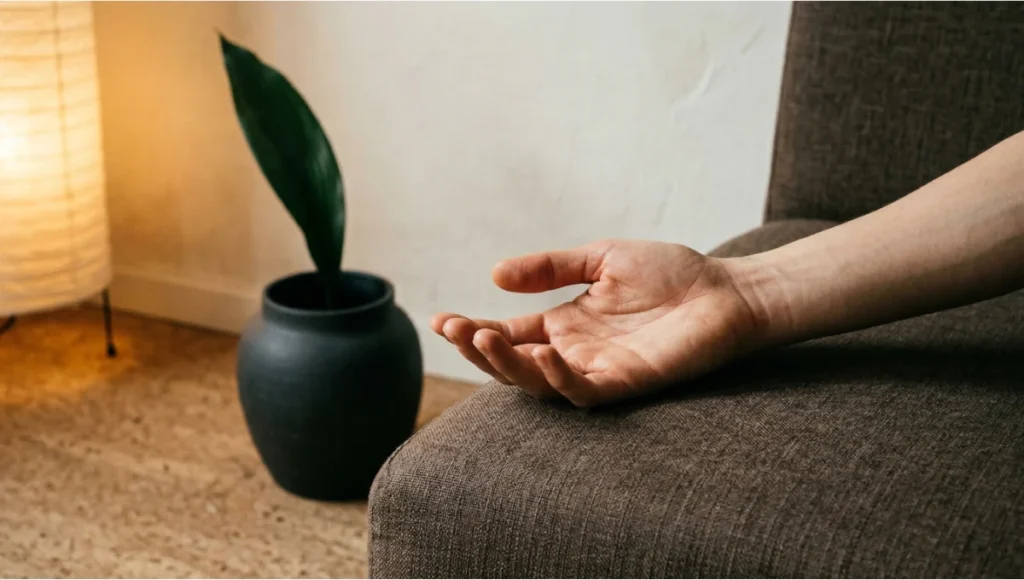 Close-up editorial photograph of a relaxed hand resting on a Belgian linen chair arm in a Japandi small space apartment corner — matte ceramic plant pot, cork floor, warm washi-paper lamp glow, and mineral plaster wall illustrating the biological calm and intentional stillness achieved through japandi interior design principles for small apartment living.