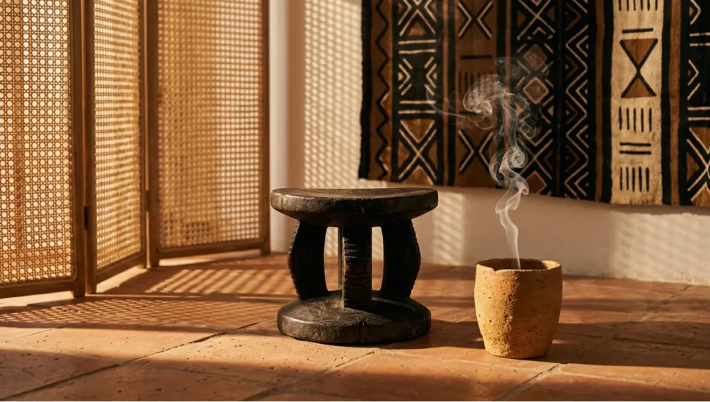 Afrohemian interior design 2026 — golden hour Rotterdam apartment featuring authentic Malian Mudcloth wall panel with fractal geometric patterns, hand-carved Bamileke hardwood stool, unglazed terracotta flooring, raw clay plaster walls in warm ochre, and cane screen casting dappled Komorebi light shadows — Nuvira Space neuro-architectural biophilic design.