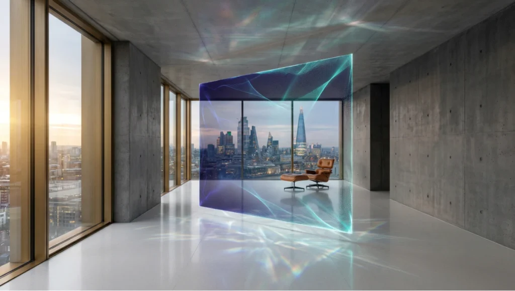 Holographic volumetric light-field room divider floating in a minimalist concrete interior at dusk, casting prismatic teal and indigo chromatic dispersion across white quartz flooring — Nuvira Space Fluid Design concept for modern holographic home accents in high-rise architecture.