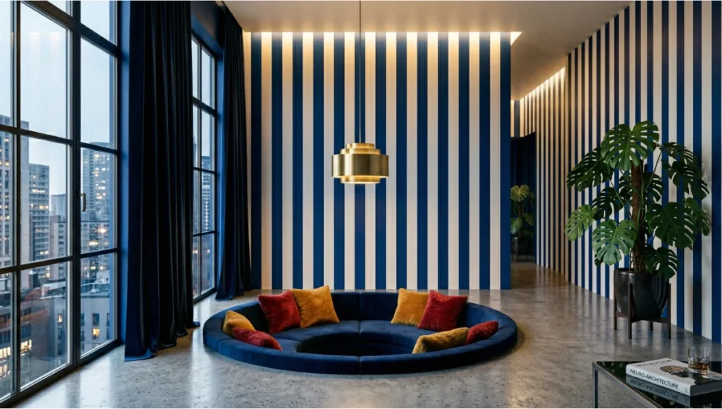 Circuscore home decor bold stripes 2026 interior featuring floor-to-ceiling cobalt and chalk vertical stripe walls, sunken circular seating area with brushed brass pendant, polished concrete floors and velvet drapes in a neuro-architectural Rotterdam-inspired urban apartment designed for cognitive stimulation and biophilic spatial wellness.