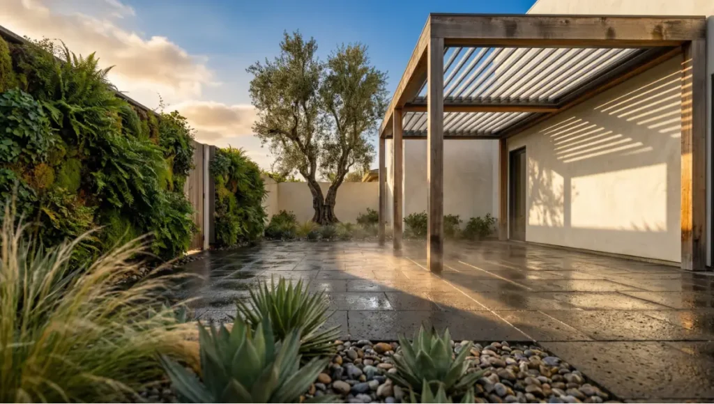 Sustainable spring courtyard design featuring permeable basalt hardscaping, xeriscaped native grasses, weathered cedar pergola with kinetic aluminum louvers, and a lime-wash high-albedo wall bathed in golden hour light — biophilic residential architecture integrating passive cooling, acoustic green walls, and drought-resistant landscaping for eco-zen urban living.