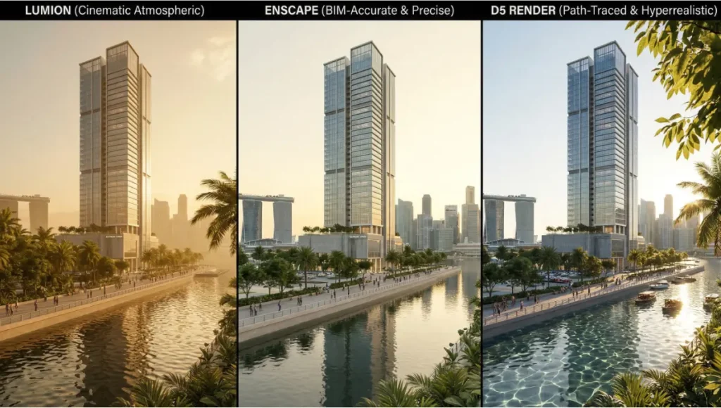 Compare Lumion vs Enscape vs D5 Render quality in 2026 — rendering speed, realism, and workflow precision to choose the right tool for your architecture projects.