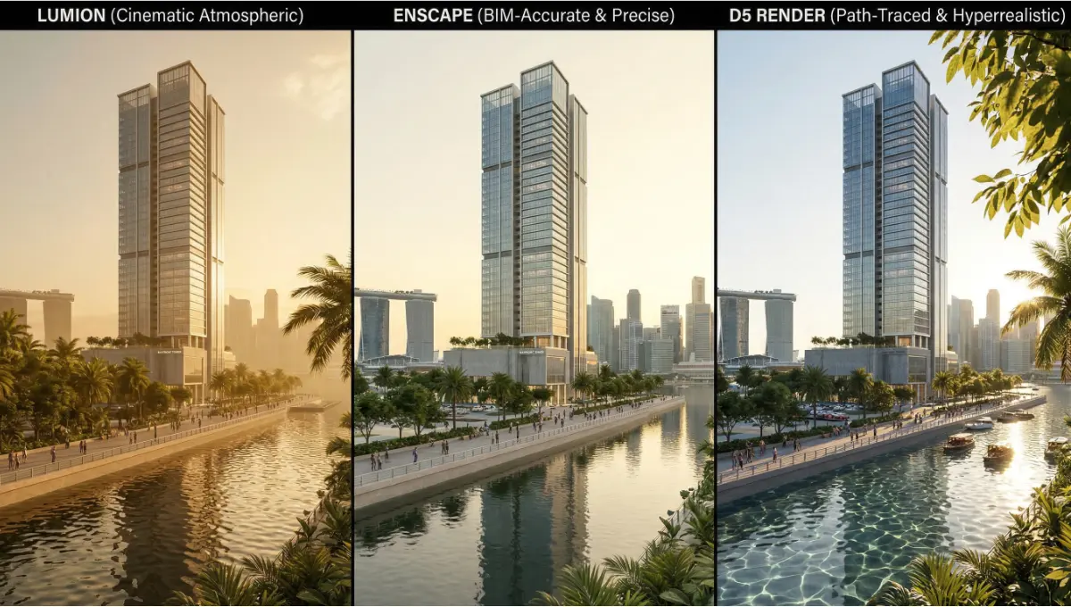 Compare Lumion vs Enscape vs D5 Render quality in 2026 — rendering speed, realism, and workflow precision to choose the right tool for your architecture projects.