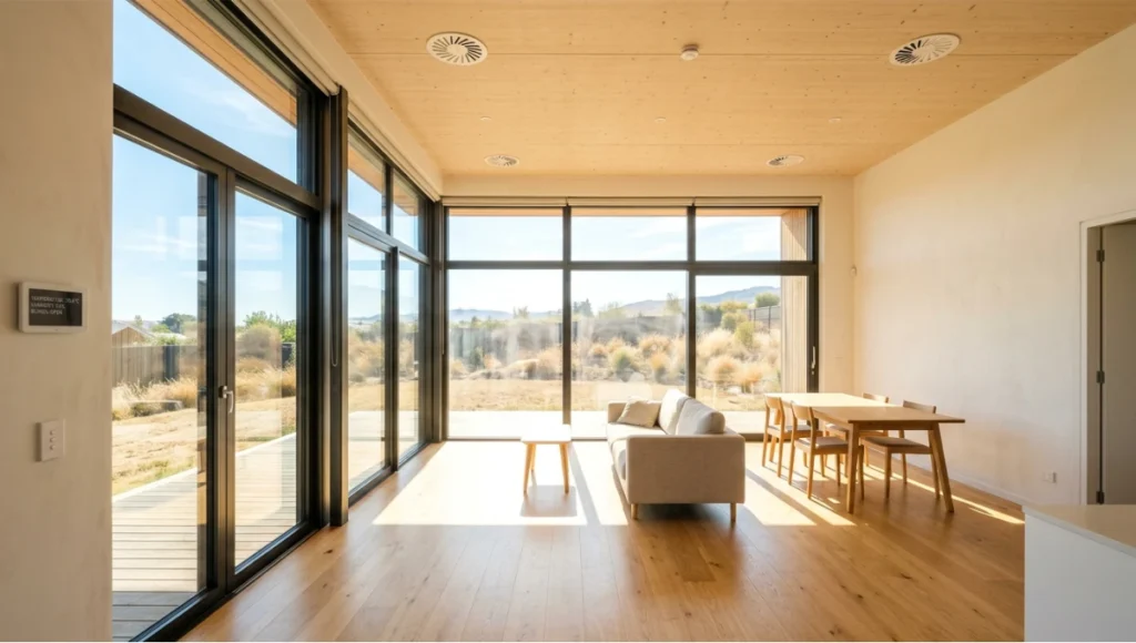 Passive house interior overheating due to poor automation, south-facing triple-glazed windows without shading, excessive solar gain in high-performance building, MVHR system visible in modern passive house architecture