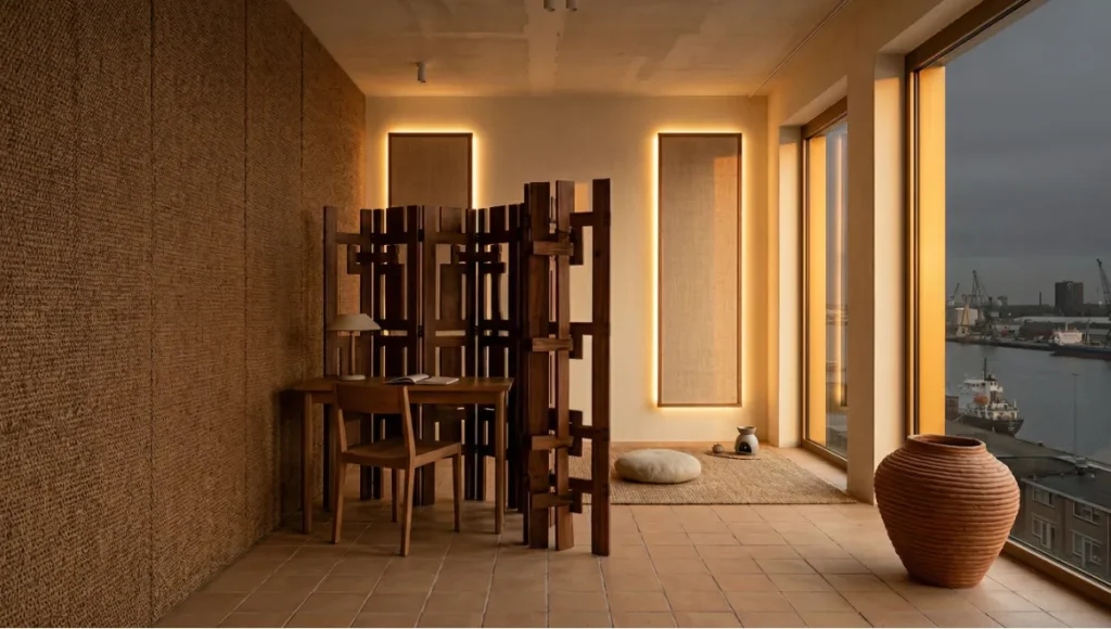 Nuvira Space NEO-SAVANNA concept interior — Rotterdam biophilic micro-apartment featuring integrated raffia acoustic wall panels, Senufo-inspired modular hardwood divider, spectral-selective Sahel golden hour glazing at 2200K, unglazed ceramic matte flooring, and sculptural terracotta vessel focal anchor — Afrohemian flexible home design neuro-architecture 2026.