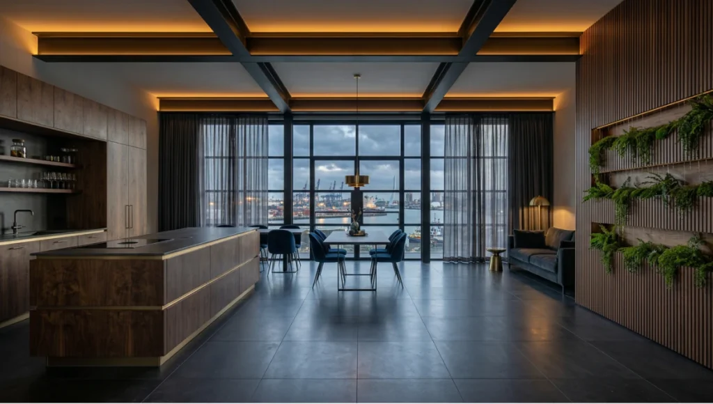 Nuvira Space Rotterdam Refractive Neo Deco 2026 concept — burl-and-bronze monolithic island, hydroponic fluted wall panels with live moss, charcoal atmospheric curtain acoustic zoning, and amber LED cove over honed basalt floors — neuro-architecture for high-density urban residential design, Rotterdam Netherlands.