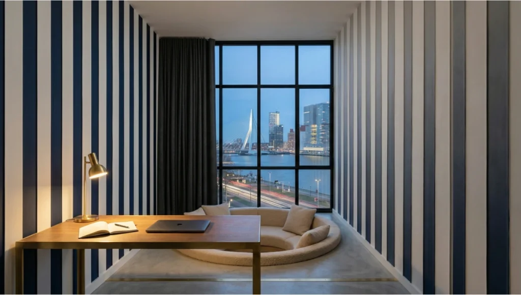 Nuvira Space Janus Pavilion concept interior — 45sqm Rotterdam micro-apartment featuring circadian-reactive Midnight Navy and Chalk bold stripe walls with raised plaster relief, circular sunken boucle seating area, floor-to-ceiling charcoal acoustic felt drapes, brushed brass joinery and blue-hour Rotterdam skyline — kinetic Circuscore neuro-architecture design 2026 for deep work cognitive resilience.