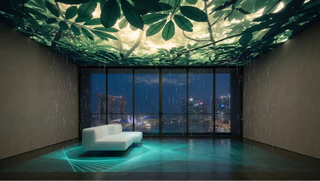 Nuvira Space Aether-Residue concept interior, Singapore high-rise — holographic rainforest canopy ceiling projection with bioluminescent light mapping, teal floor zones, and crystalline air-purification visualization particles; zero-mass Fluid Design architecture for modern biophilic living environments.