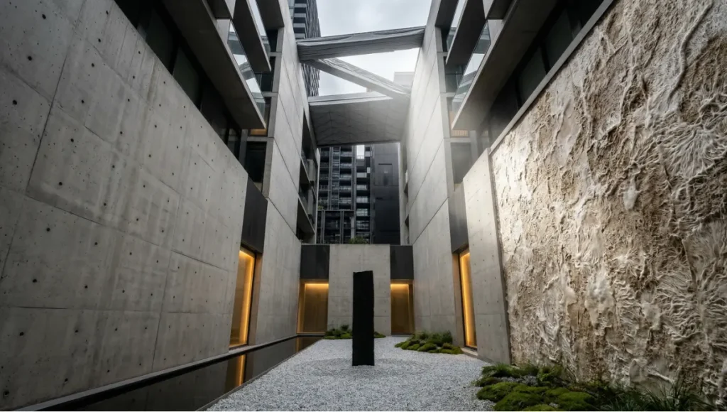 Nuvira Space "Neural Lung" concept courtyard interior featuring board-formed raw concrete walls, mycelium acoustic insulation panels, raked recycled-glass gravel garden, laminar-flow water channel, retractable carbon-sequestering polymer roof, and algae-based bio-luminescent amber lighting — futuristic sustainable residential courtyard design merging neuro-architecture, biophilic materials, and passive climate engineering in a high-density urban infill typology.