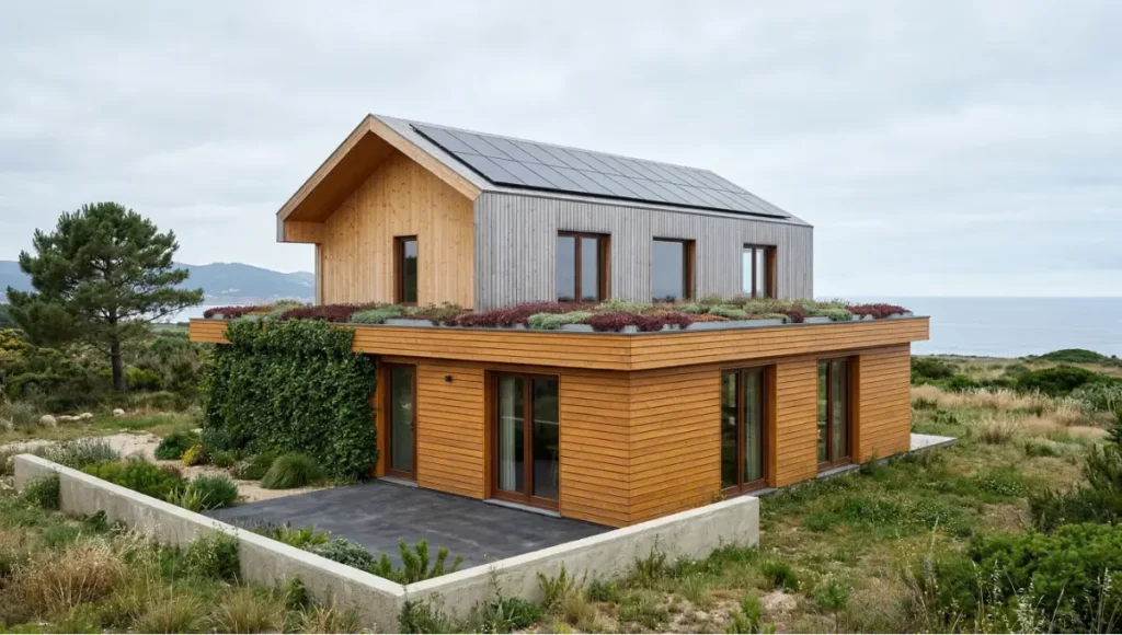 The Mireille House by Nuvira Space — a speculative carbon-negative home concept in Porto, Portugal, featuring 5-ply cross-laminated timber structure, ventilated larch facade, sedum green roof, flush photovoltaic panels, hempcrete garden wall, and a vertical planted facade, illustrating Nuvira Space's regenerative infrastructure design approach.