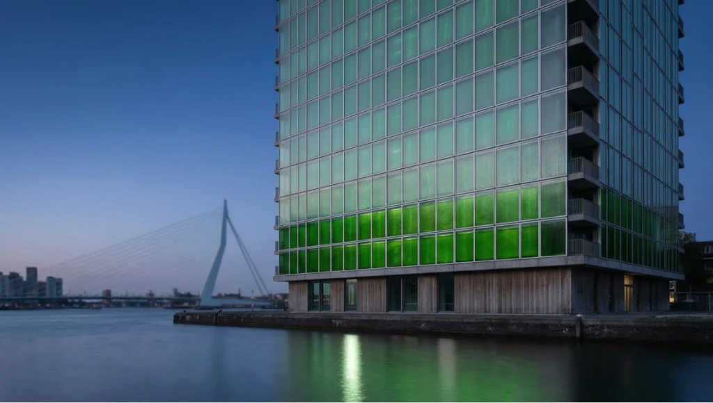 Halcyon Verde Tower concept by Nuvira Space — a 14-story mixed-tenure residential building in Rotterdam with 354 photobioreactor algae bio-curtain panels across 620 m² of south-facing facade, photographed at blue hour with bioluminescent microalgae culture reflecting off the canal below, demonstrating carbon-negative regenerative residential architecture at urban scale.