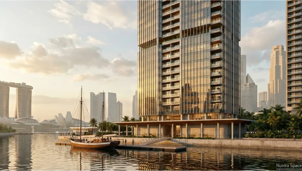 Meridian Waterfront Tower concept by Nuvira Space — architectural visualization of a 52-floor mixed-use high-rise in Singapore Marina Bay rendered in D5 Render 2026 with path-traced caustics on water surface, parametric glass curtain wall facade, and equatorial golden-hour lighting at 15:40 local time, demonstrating real-time path tracing quality for commercial architectural presentation