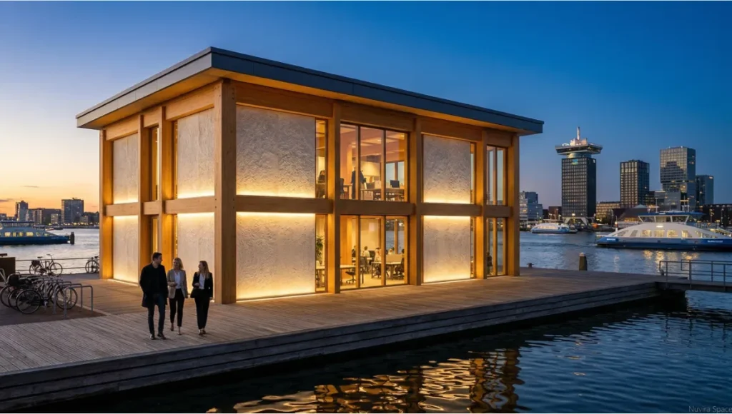 Architectural visualization of Pavilion Myco-Nord by Nuvira Space, a speculative carbon-negative civic pavilion in Amsterdam featuring mycelium composite building panels, glulam timber structure, and regenerative infrastructure design principles, 2026