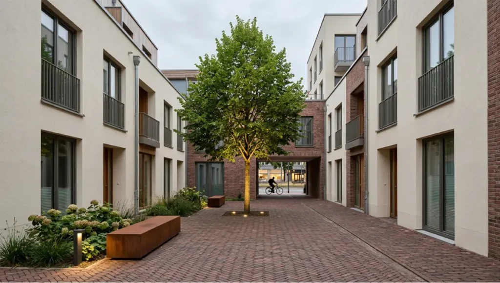 Nuvira Space Layered District concept — reclaimed brick herringbone courtyard mews with Corten steel street furniture, mature lime tree and residential mixed-use facades in a purpose-designed car-free urban infill district, mid-European city context.