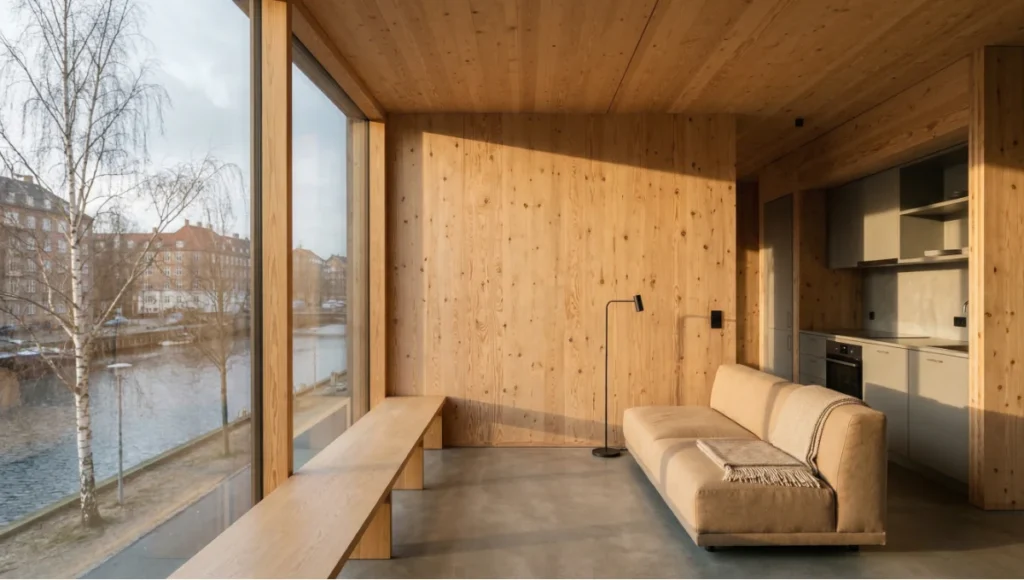 Cinematic interior view of the Vaekst House by Nuvira Space — a speculative 840 square foot carbon-negative CLT small home concept in Copenhagen, Denmark — showing exposed 5-ply cross-laminated timber ceiling and walls finished with UV-stable oil, floor-to-ceiling glazing with golden hour light, and minimal Japandi-influenced furnishings, demonstrating biophilic interior design achievable through mass timber structural systems.