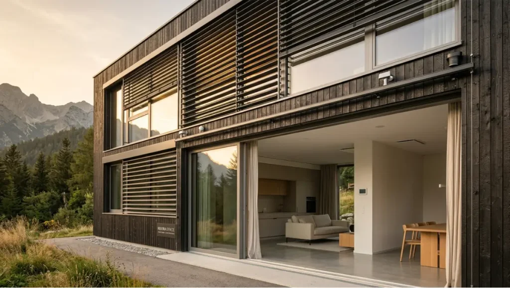 Nuvira Space passive house with automated shading system, KNX-controlled facade, high-performance building envelope with triple glazing and solar control, ultra-efficient residential architecture