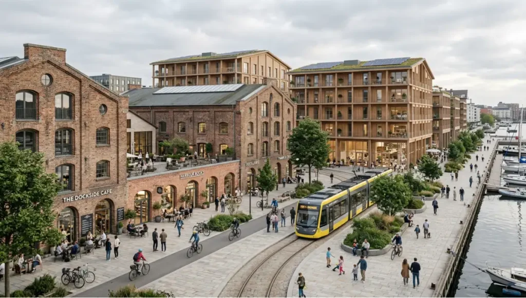 Adaptive reuse waterfront architecture project combining historic brick warehouses with modern timber buildings, featuring mixed-use urban renewal design, community spaces, transit integration, and sustainable materials