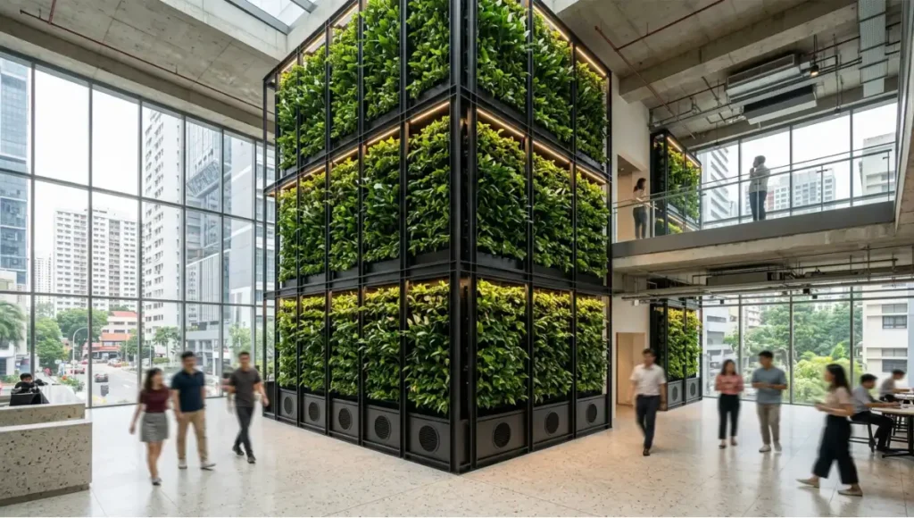The Vertical Lung by Nuvira Space — speculative concept study of active biofilter living wall system across 3 commercial floors, Singapore typology