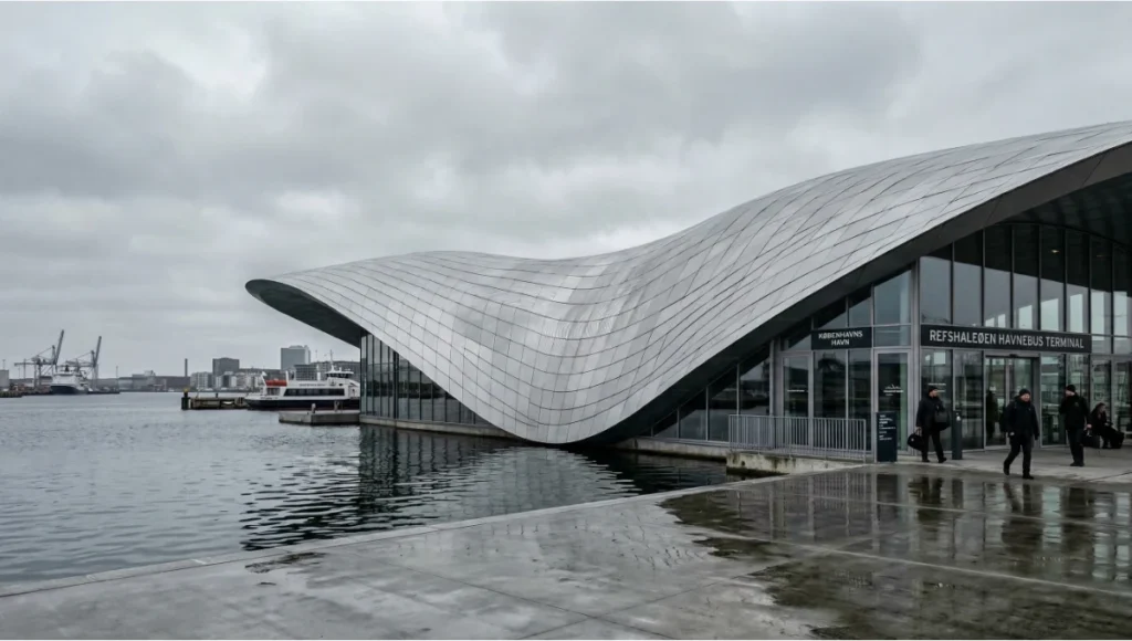 Drift Terminal by Nuvira Space — speculative parametric transit terminal concept in Copenhagen Denmark, continuous aluminum roofline flowing from harbor waterfront to departure hall, Zaha Hadid visual design language applied to Nordic coastal architecture with UHPC concrete ground plane and overcast diffuse lighting