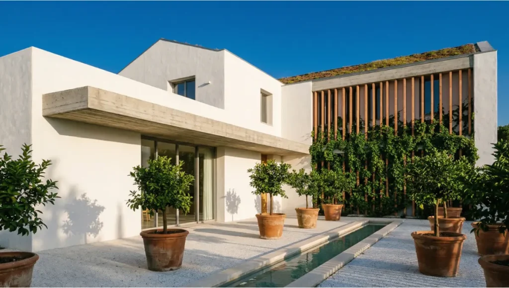 Casa Terrala concept by Nuvira Space — a passive cooling Mediterranean home with 450mm rammed earth walls, bianco di calce lime wash finish, deep concrete overhang, terracotta brise soleil fins, sedum green roof, and central courtyard with limestone water channel. Speculative internal concept study.