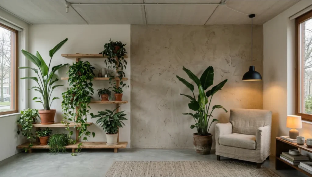 Project Canopy by Nuvira Space — speculative biophilic living room design concept for a 48m² Rotterdam post-war apartment featuring clay plaster wall texture, multi-height plant shelving system, and circadian-tuned warm lighting in a prospect-and-refuge corner configuration