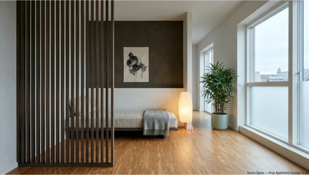 Nuvira Space Kinjo Apartment speculative concept study — 42 m² Japandi interior design small space in Copenhagen featuring a slatted smoked ash room divider, Tadelakt lime plaster walls, cork flooring, Belgian linen daybed refuge alcove, and Rhapis excelsa biophilic anchor at sightline terminus, demonstrating circadian lighting design and the refuge-prospect spatial framework for small apartment neuroarchitecture.