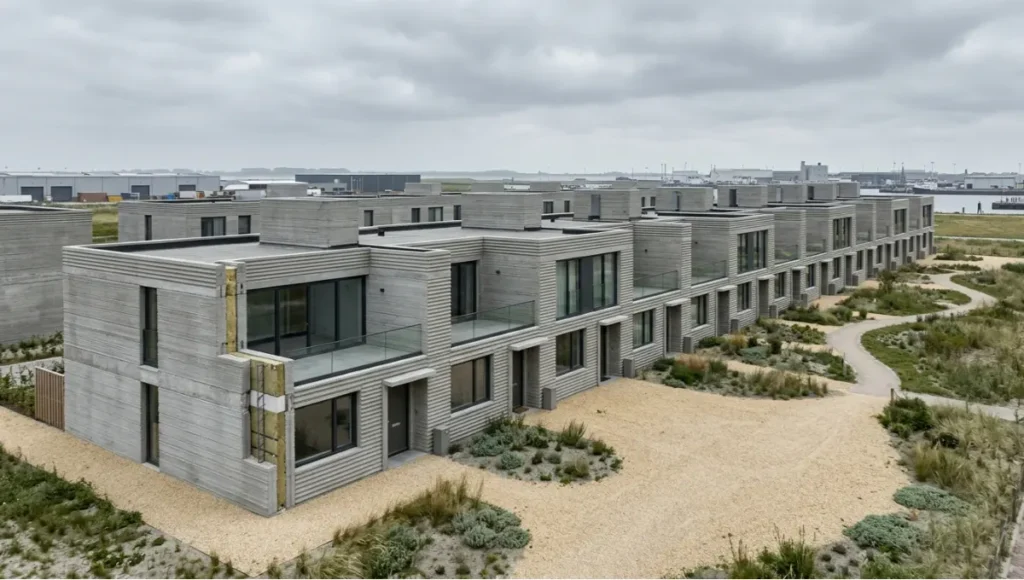 Aerial three-quarter view of Project STRATUM, a speculative 12-unit 3D-printed concrete residential cluster by Nuvira Space located in Rotterdam, showing raw double-leaf cavity walls with 8mm horizontal layer ridges functioning as passive solar shading, photographed in diffused overcast northern European light to emphasize structural material honesty and additive manufacturing precision