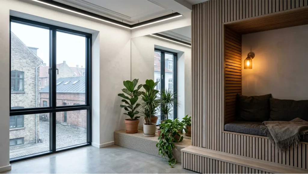 Nuvira Space Project Lumen Havn — speculative circadian retrofit of a 34-square-meter north-facing Copenhagen apartment showing DALI-tunable LED perimeter lighting at 6500K morning activation, full-height east-wall mirror panel doubling natural daylight penetration, five-species biophilic plant cluster on primary sightline axis, and warm-toned 2200K recovery nook with teak platform and linen textiles — compact apartment circadian zoning and small apartment natural light strategy