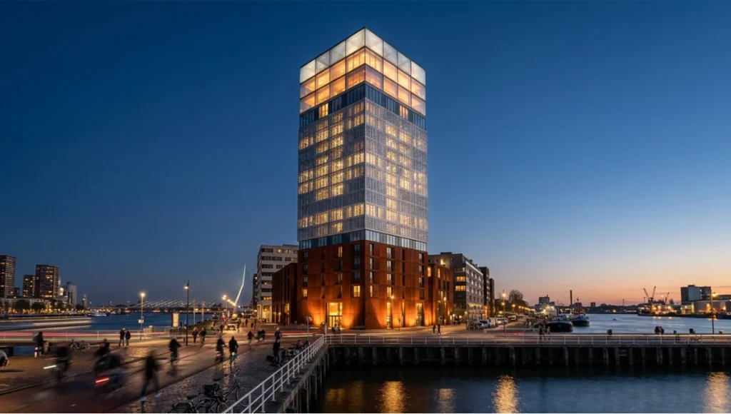 Nuvira Space Project STRAND speculative concept study — Rotterdam Lloydkade mixed-use tower showing weathering-steel base, perforated aluminum mid-section, and ETFE crown at twilight — architectural photography composition techniques applied to a 22-story facade with three distinct material tiers and motion-blurred pedestrian foreground