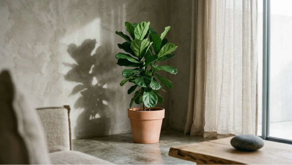 Biophilic living room design detail — Ficus lyrata beside sheer linen curtain casting botanical shadow patterns on clay plaster wall, natural morning light, reclaimed timber surface with river stone — neuroarchitecture-informed interior by Nuvira Space