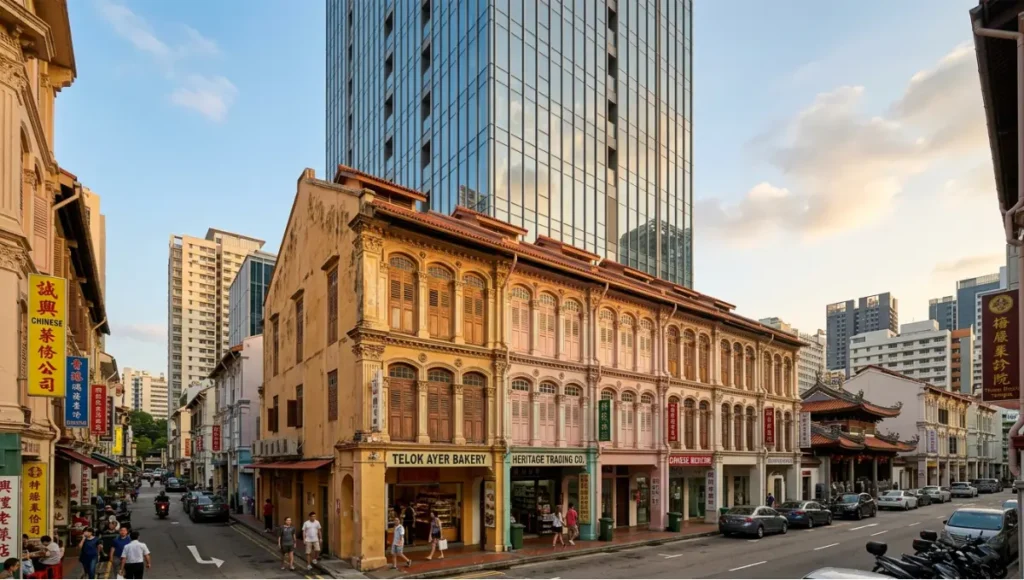 Ultra-realistic architectural visualization of Telok Ayer Stack in Singapore, featuring conserved heritage shophouse with detailed cornice and weathered masonry base, integrated with a modern glass tower above, demonstrating AI-assisted architectural rendering with high geometric fidelity and contextual urban design
