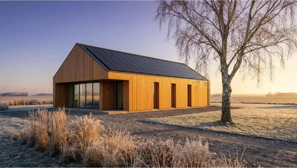 The Mireille House by Nuvira Space — a speculative net-positive CLT passive residence concept in Greater Copenhagen, featuring a 17.3° south-facing photovoltaic roof, 38.4% glazing ratio, and exposed cross-laminated timber soffits, photographed at golden hour, 2026 AI-integrated architectural design.