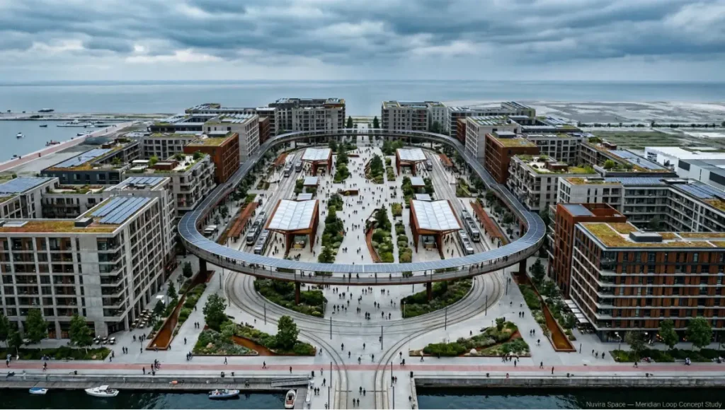 Aerial-oblique architectural visualization of the Meridian Loop — a speculative transit-oriented mixed-use district concept by Nuvira Space, featuring a closed light-rail loop, vegetated rooftops, elevated pedestrian walkways, and Corten steel transit canopies, illustrating data-driven 15-minute city design principles