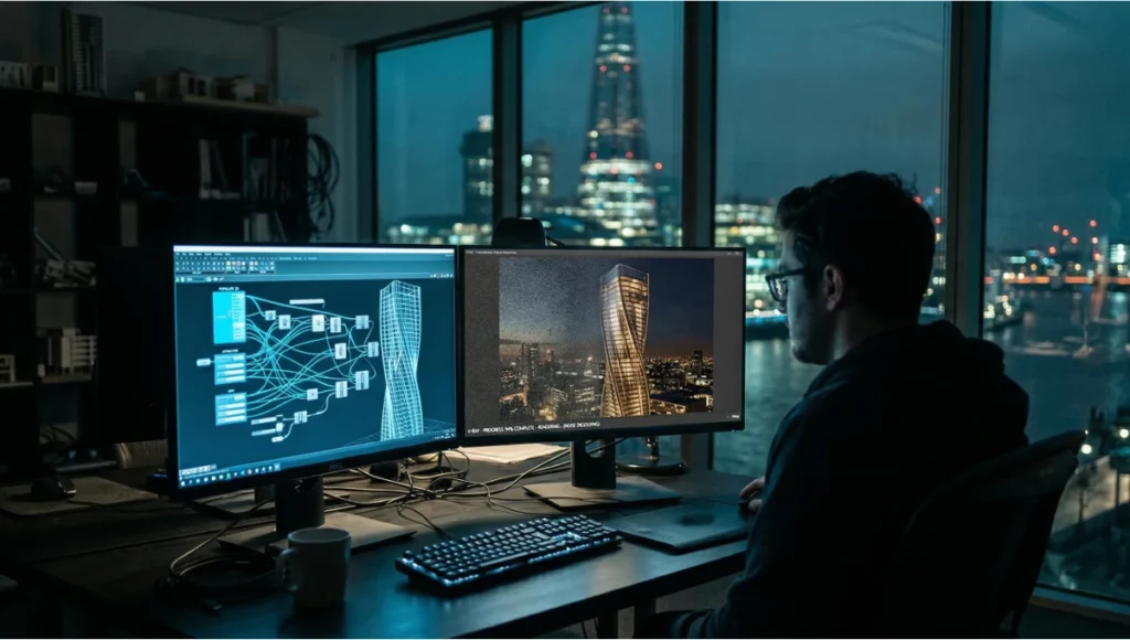 Architectural visualization artist working in V-Ray and Grasshopper at night — parametric render of Zaha Hadid visual design language tower transitioning from wireframe to photorealistic output on dual monitors, real-time GPU rendering workflow in professional architecture studio