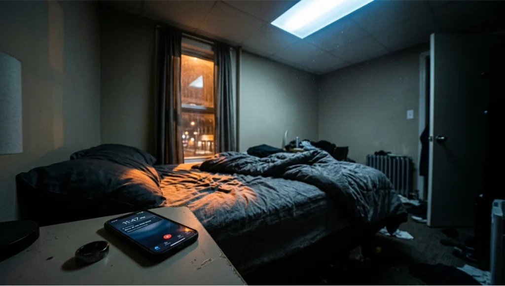 Cluttered modern bedroom with blue LED ceiling light and glowing smartphone screen at night, synthetic polyester bedding and MDF furniture, poor sleep environment with streetlight intrusion, Oura ring showing 47 minutes deep sleep, wellness bedroom design guide before renovation, circadian lighting disruption, indoor air quality problems, neuroarchitecture sleep stud