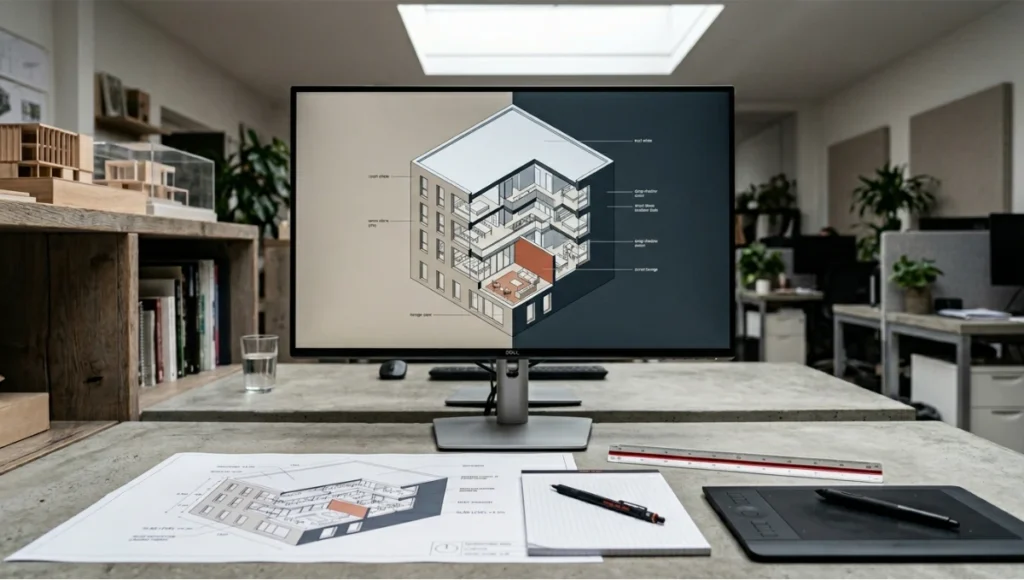 Professional architectural visualization workstation displaying an isometric architecture illustration cutaway on a large monitor, with printed A1 isometric drawings, 1:200 scale ruler, mechanical pencil on isometric grid paper, and drawing tablet on a raw concrete and oak desk under diffused north-facing studio skylight lighting