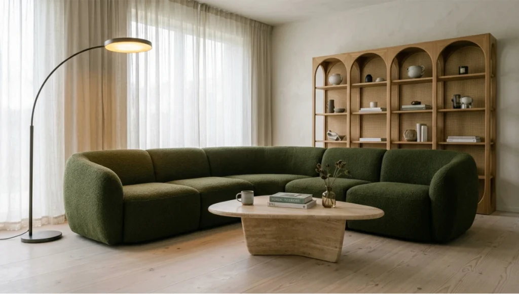 Curved furniture organic shapes 2026 — crescent sectional sofa in deep olive bouclé with biomorphic travertine coffee table and arch-form floor lamp, Scandinavian living room