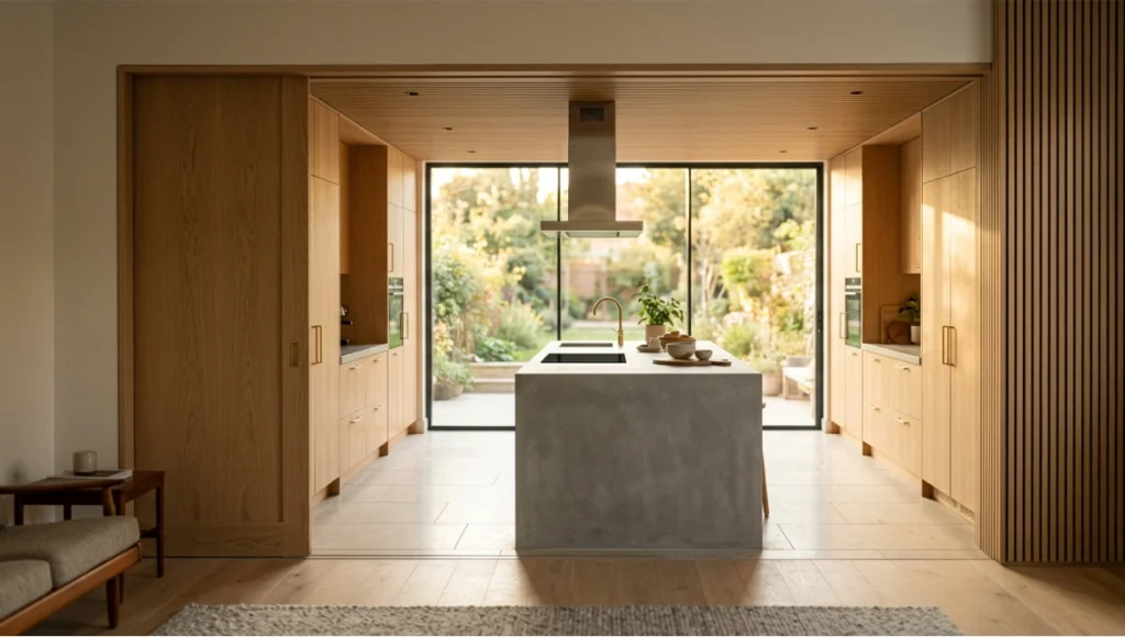 Semi-open plan kitchen with oiled oak pocket door, honed concrete island, and acoustic slat ceiling panels — Nuvira architectural interior photography.