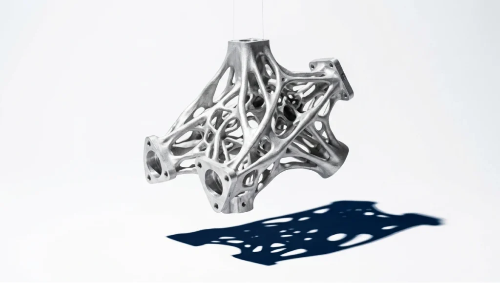 Cast aluminum generative design structural node with topology-optimized branching geometry installed in a mid-rise reinforced concrete building under construction, photographed with 24mm tilt-shift lens under diffused overcast industrial lighting, illustrating generative design cost savings through assembly consolidation and material efficiency in architectural engineering