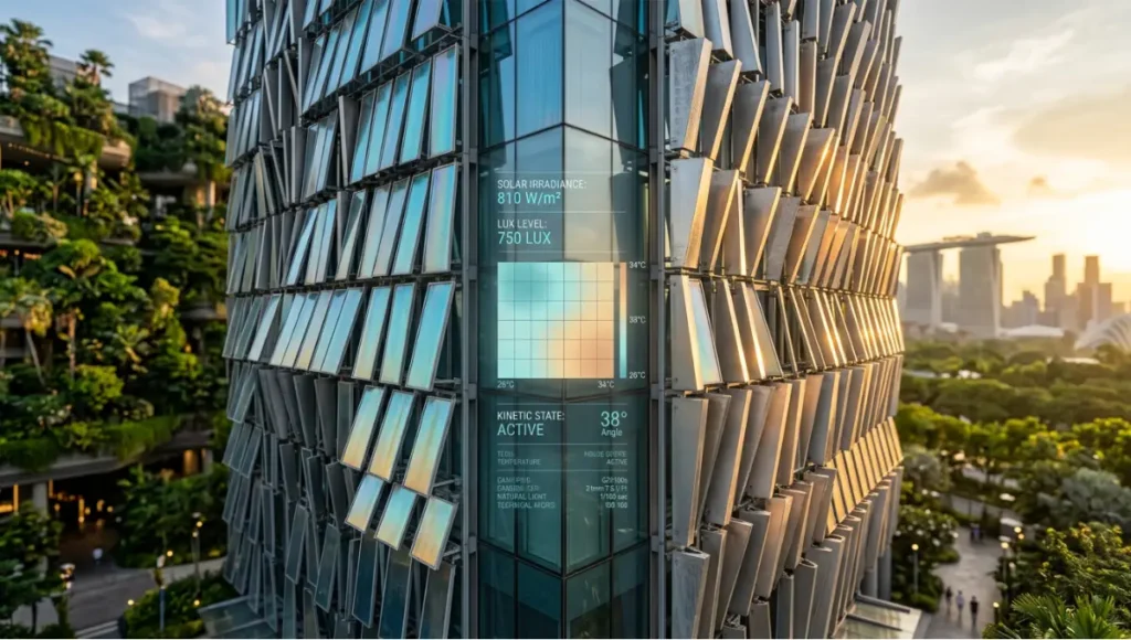 Kinetic architectural facade with smart glass fins and integrated IoT sensors, demonstrating digital twin building management and real-time environmental data visualization in Singapore.