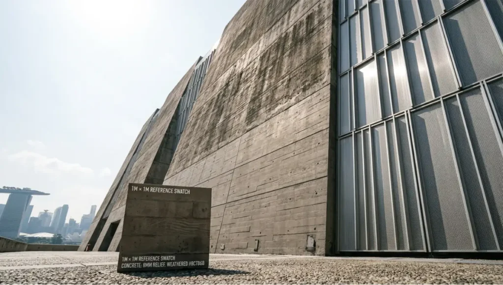 Photorealistic architectural render of a poured-in-place concrete facade with perforated anodized aluminum screen, demonstrating PBR texture mapping with physically accurate roughness variation across weathered and sheltered surface zones, Singapore equatorial noon lighting, 24mm tilt-shift lens perspective, ultra-high texel density materiality