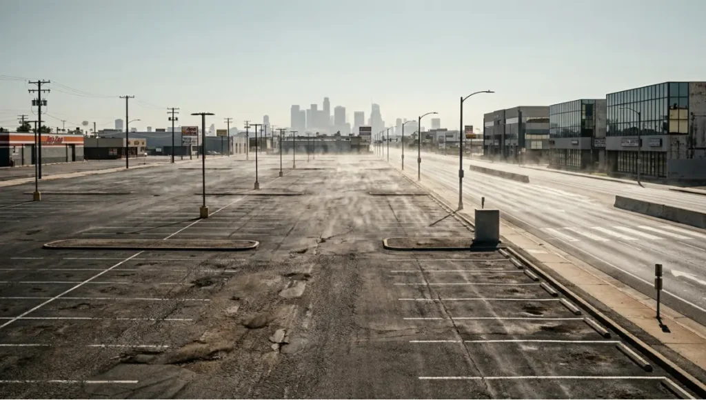 Ultra-realistic urban asphalt heat island effect showing cracked dark pavement radiating extreme heat under midday sun, architectural photography with visible thermal distortion and high-temperature surface conditions in city infrastructure