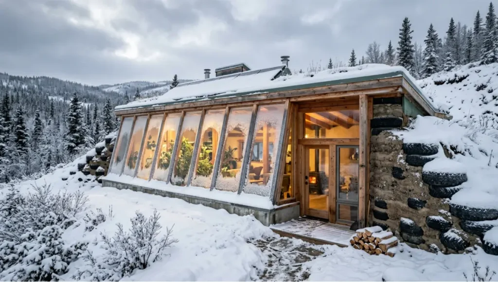 Cold-climate earthship with passive solar greenhouse and thermal mass walls in subarctic winter showing snow-covered architecture and triple-glazed facade performance