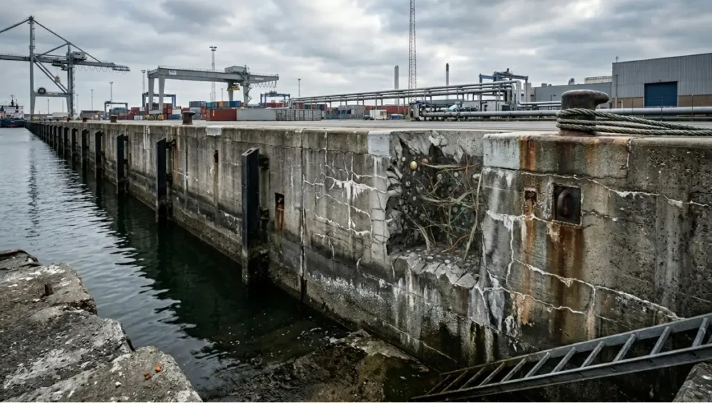 Ultra-realistic architectural photograph of a coastal concrete quay wall with visible micro-crack self-healing, showing calcite mineral sealing and embedded bacterial concrete systems, highlighting self-healing concrete technology in infrastructure applications