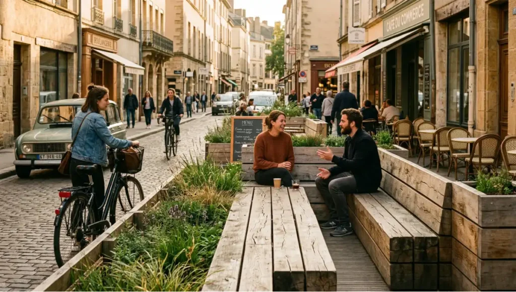 Pop-up parklet installation on commercial street with modular seating, bioswale planting, and pedestrians — urban public space activation