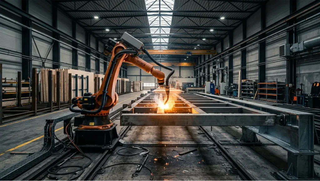 KUKA KR QUANTEC Ultra 6-axis robotic arm welding a structural steel prefab panel inside a large-scale off-site fabrication facility, with CLT wall panels in the background and cinematic industrial lighting