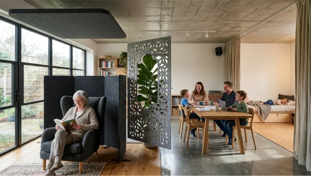 Architectural interior photograph of a multifunctional family room with three acoustic zones: a focus reading nook with mineral wool ceiling cloud and felt acoustic screen, a collaboration dining area with exposed concrete ceiling and polished concrete floor, and a restoration sleep zone with blackout curtains and cork flooring. Freestanding PET felt room divider with geometric pattern allows visual connectivity while creating acoustic shadow. Multi-generational family using separate zones simultaneously in an open-plan biophilic space. Acoustic terracing design, residential sound control, flexible family room architecture, neuro-architectural interior.