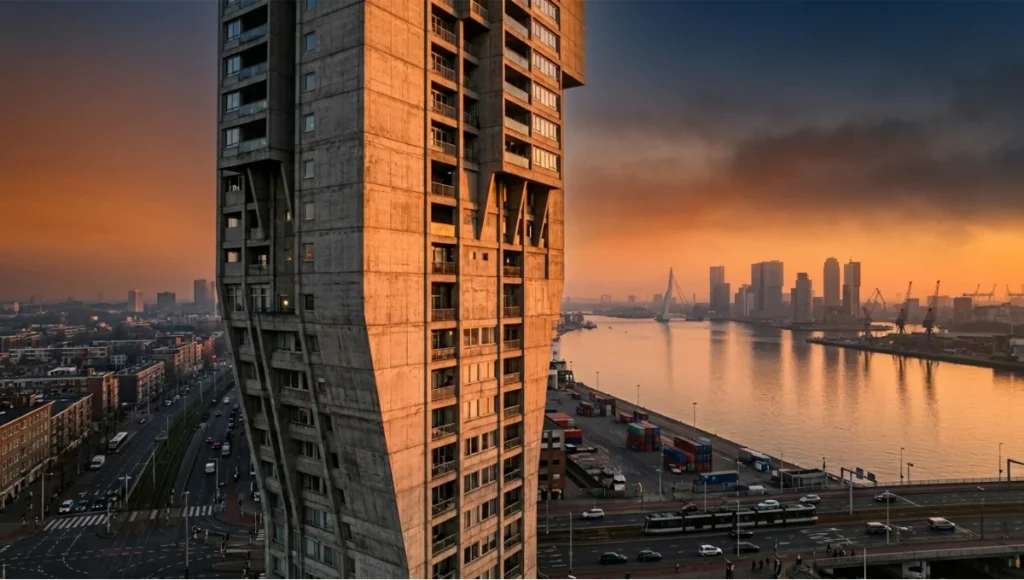 Drone aerial photograph of a brutalist concrete tower on the Rotterdam waterfront at golden hour, captured at 80 metres AGL with oblique diagonal composition, showcasing raw béton brut facade texture and shadow geometry against the Maas River — illustrating professional drone architecture photography tips for oblique angle capture.